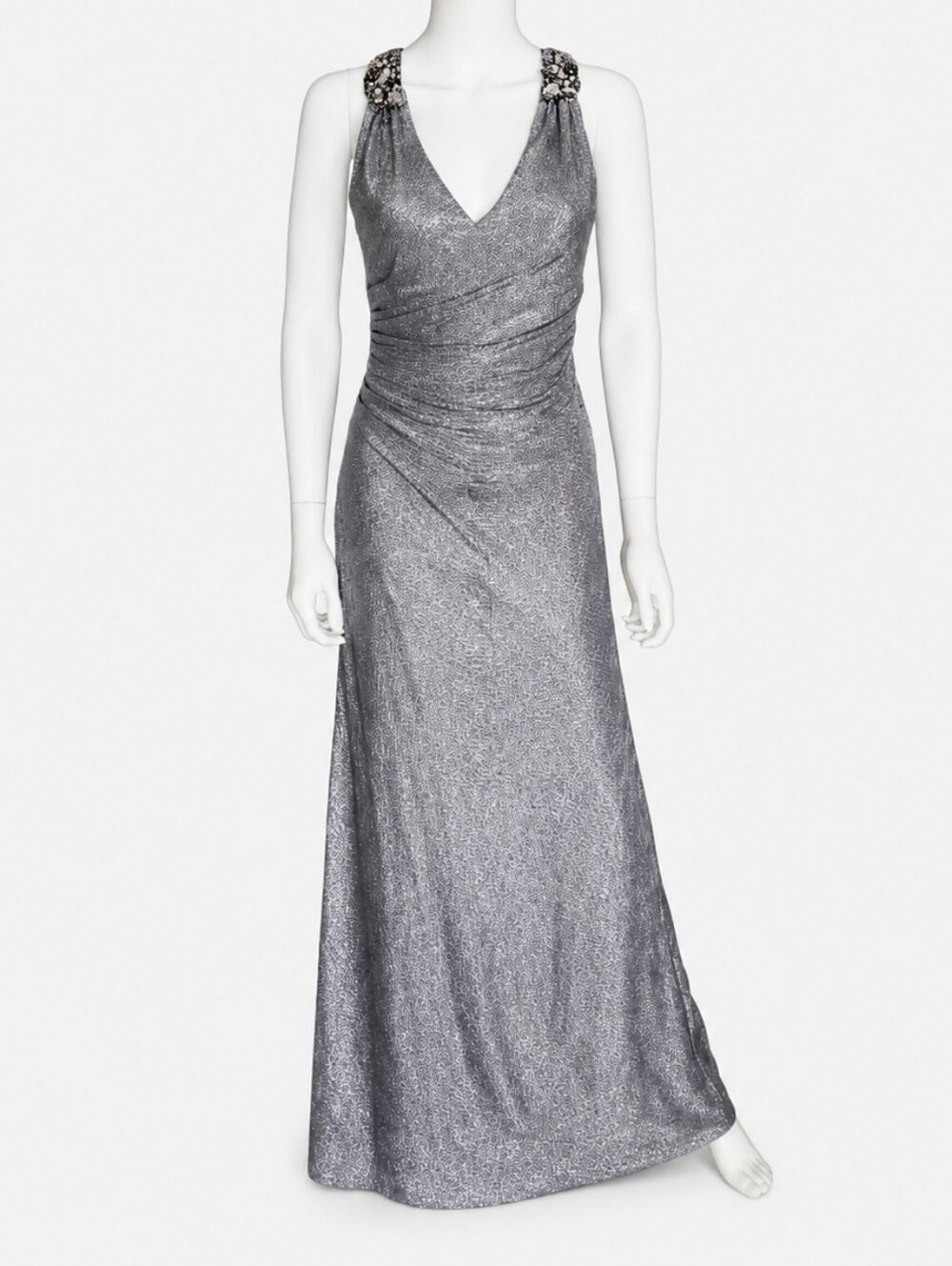 DAVID MEISTER | Metallic Silver Evening Gown w/ Embellished Straps in Size US 4